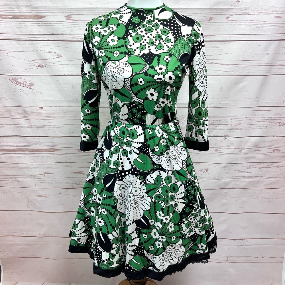 Vintage Dalton Kelly Green Abstract Mid Century Mod MCM Floral Scooter Dress